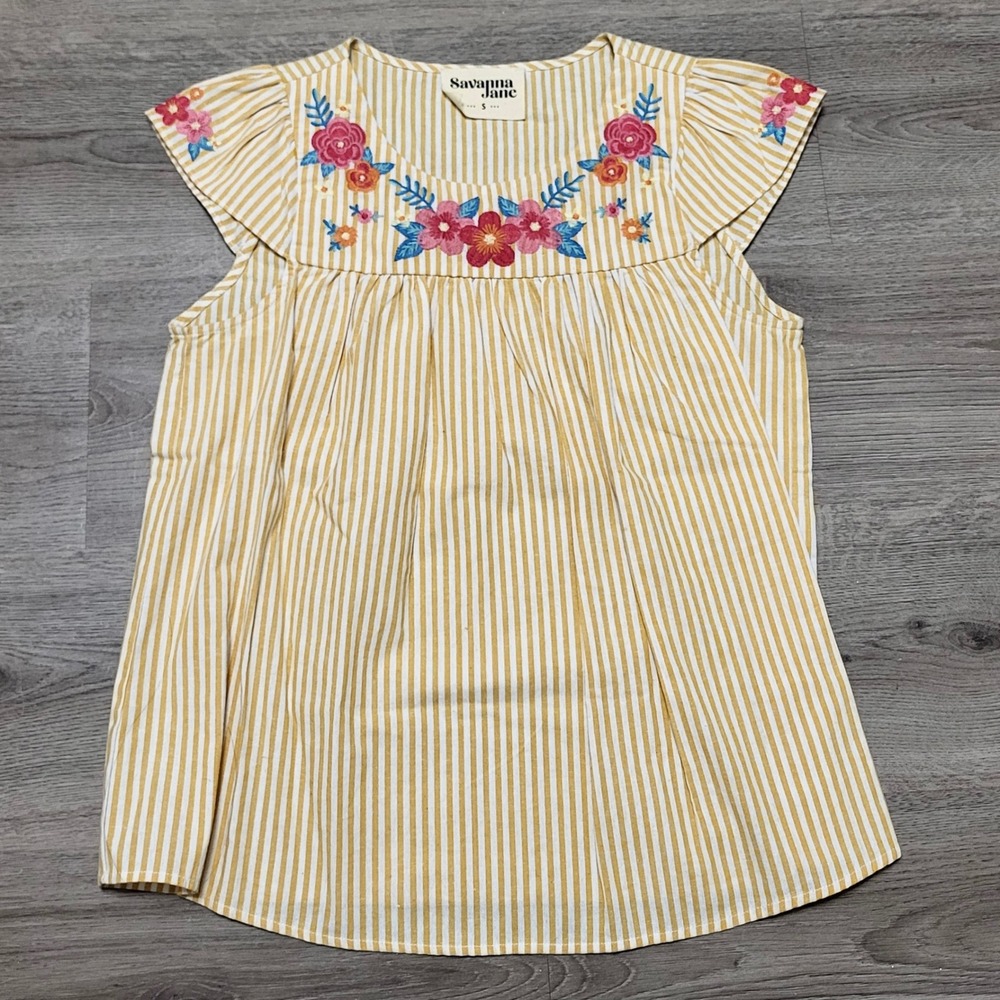 Savanna Jane Embroidered Floral Striped Yellow Top Women‎ Size S Short Sleeve